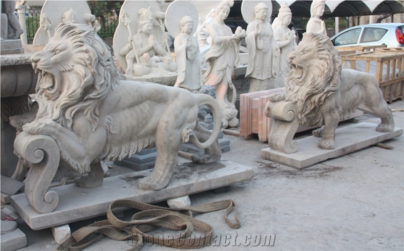 Stone Lions, Beige Marble Lions Sculpture & Statue, Animal Sculptures, Landscape Sculptures