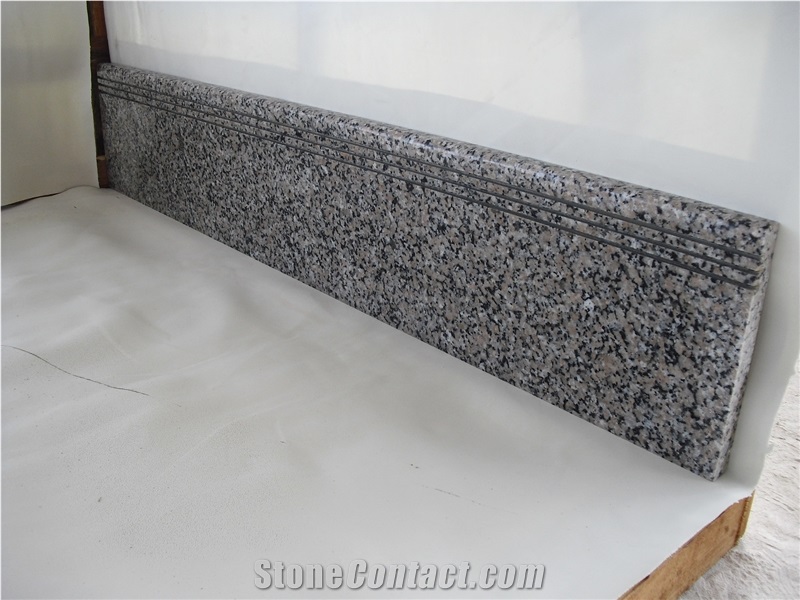 Sanbao Red Granite Polished Stairs, China Red, Pink Granite Treads with Anti-Slip Grooves, Cheap Red Granite Stairs with Half Round Edge