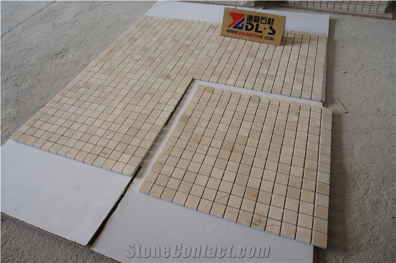 Spain Famous Crema Marfil Light Beige Marble Polished Mosaic Pattern Tiles Brick for Hotel Lobby Bathroom Wall, Floor Decoration, Factory Cheap Price