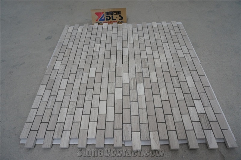 White Wooden Marble Polished Mosaic Tiles, China White Wood Vein Marble Linear Strips Mosaic, Marble Mosaics for Wall, Floor