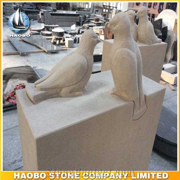 Beige Sandstone Upright Monument with Carved Birds Headstone