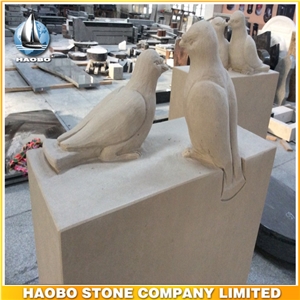 Beige Sandstone Upright Monument with Carved Birds Headstone