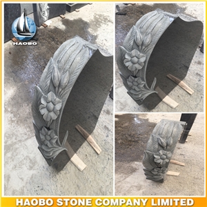 Black Granite Polished Headstone with Full Carved Flowers