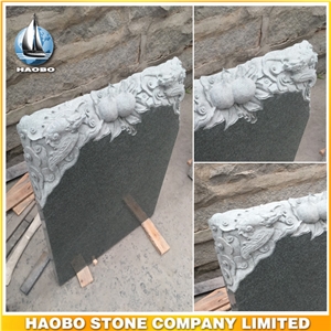 Black Granite Upright Monument with Hand Carved Flowers Top
