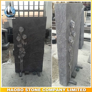 Blue Granite Hand Carved Headstone with Flowers Monument for Sale