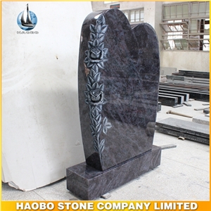 Blue Granite Headstone Customized Upright Monument with Carved Flowers