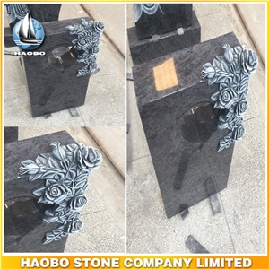 Blue Granite Headstone with Round Carved Flowers Gravestone