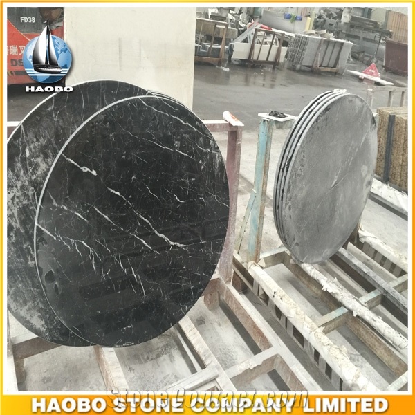 China Natural Black Nero Marquina Marble Round Shaped Solid Stone Coffee Tops, Tabletops Polished Surface for Building Hotel, Restaurant Projects