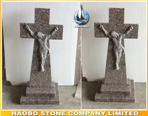 China Rose Pink Granite Headstone, Cross and Jesus Design Cross Monuments