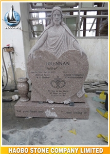Grey Granite Tombstone with Jesus Statue Full Carved Religious Figures Monuments