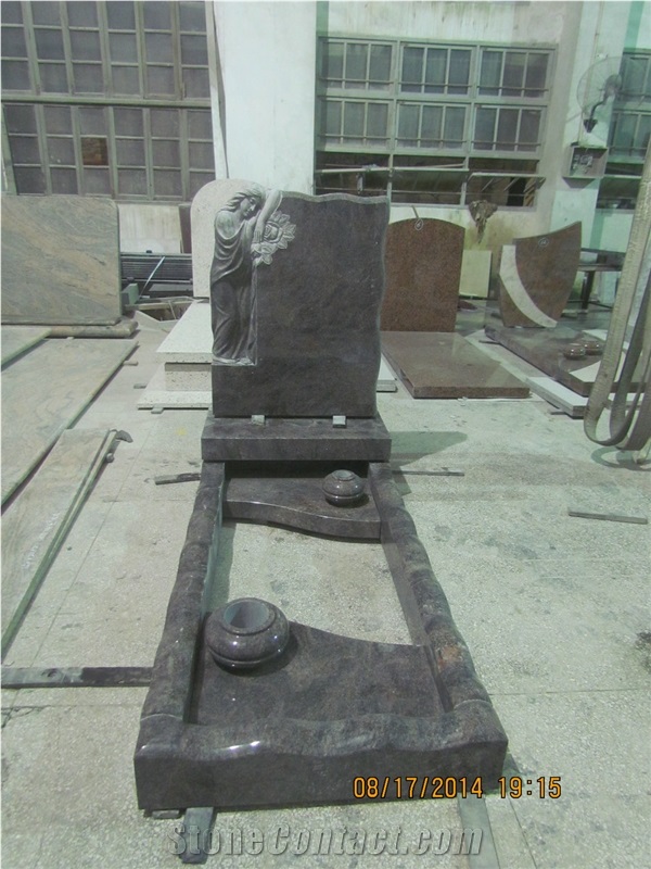 Himalayan Blue Granite Cemetery Tombstone with Sculpture