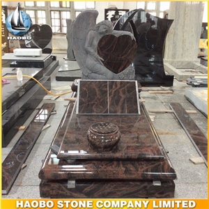 India Aurora Granite Polished Full Cover Memorial with Angel Sculpture, Book Statue, Cover and Kerbs Tombstone with Vase
