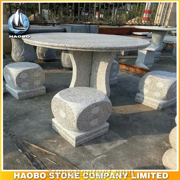 Light Gray Granite Park Table and Benches Customized Stone Garden Bench and Table