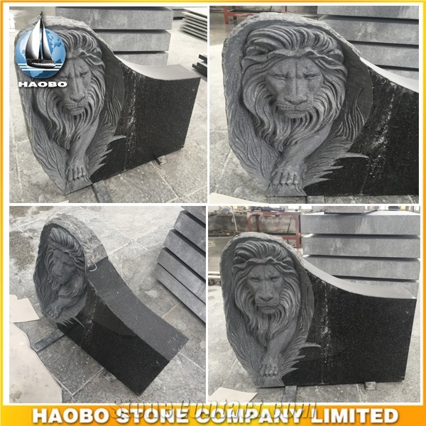 Polished Black Granite King Lion Monument Custom Design Headstone
