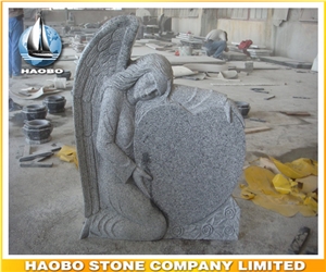 Polished Grey Granite Headstone, Carved Angel and Heart