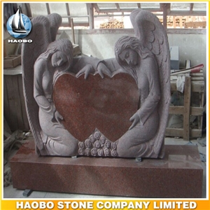 Polished Red Granite Angel and Heart Design Headstone Hand Carved Double