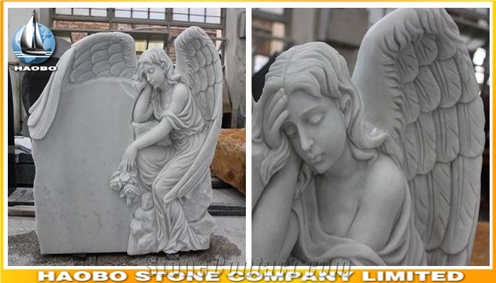 Quality White Marble Carved Weeping Angel Headstone