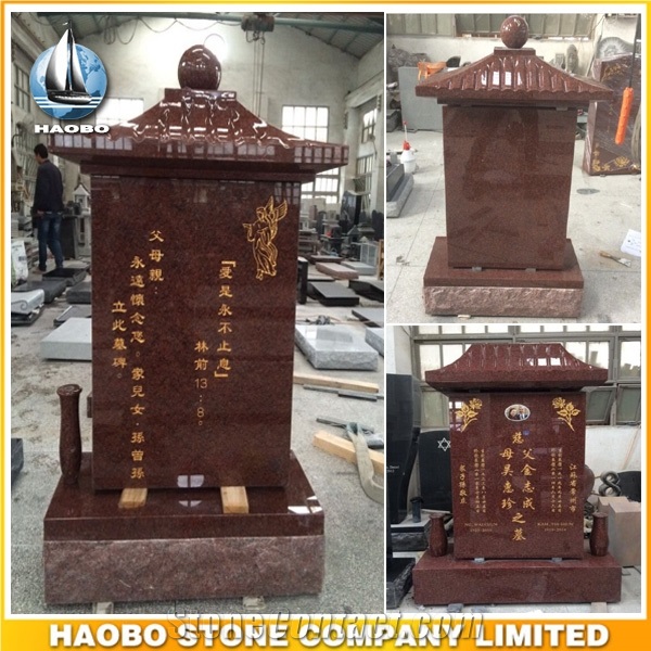 Red Granite Chinese Monument Polished Asian Style Headstone for Sale