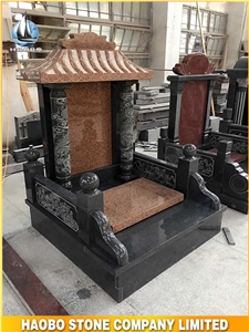 Red Granite Chinese Monument with Line Engraving