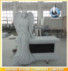 White Granite Full Carved Monument Hand Crafted Sitting Angel Design Tombstone