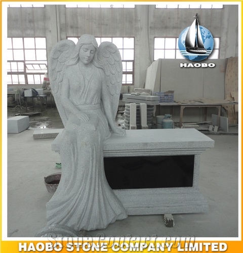 White Granite Memorial with Hand Carved Angel and Bench
