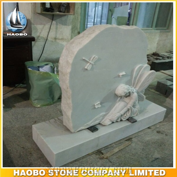 White Marble Custom Design Headstone, Memorial Gravestone, Angel Design Monument