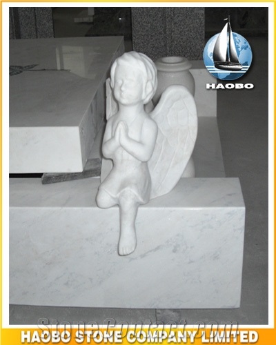 White Marble Full Cover Memorial Monument with Hand Carved Cherub