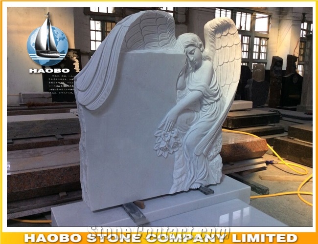 White Marble Hand Crafted European Monument Angel Design Kerbed Memorial