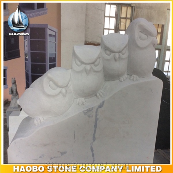 White Marble Headstone Custom Design Owl Caraved Headstone, Angry Birds Pet Monuments Upright Gravestones