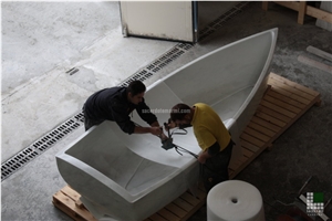 Bathtub-Boat Sculpture Realised with White Carrara Marble