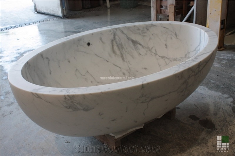 Bathtub Realised with Monolithic White Statuario Marble and Overflow Drain