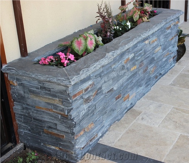 China Black Slate Stacked Stone Shaped Outdoor Planters / Landscaping Flower Box