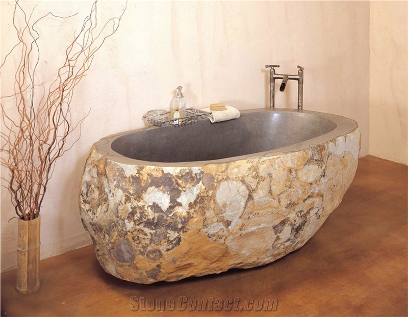 Rustic Yellow River Stone Bathtub Natural Surface Bath Tubs