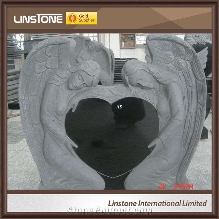 Cheap Price Black White Double Angel Heart Shaped Headstone Monument Tombstone Of Foshan Xiamen