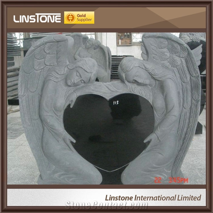 Factry Price Shanxi Balck Grey Granite Double Angel with Double Heart Monument for Memorial Garden