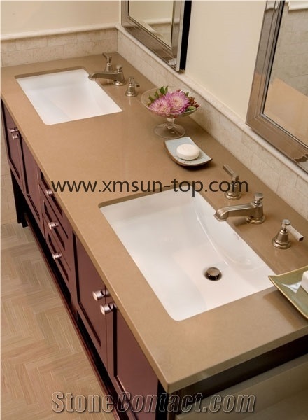 Artificial Quartz Stone Bathroom Countertop, Brown Crystal Quartz Vanity Tops, Double Sink Countertop, Engineered Stone Bath Tops, Custom Countertop & Fabrication