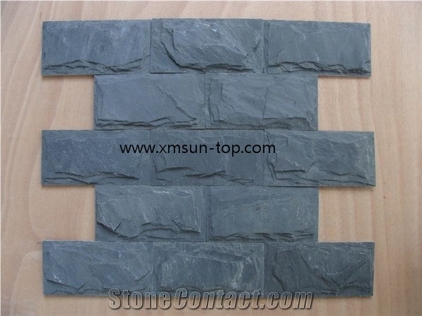 Black Slate Mushroom Stone Tiles, Slate Mushroomed Cladding, Black Natrual Slate Mushroom Stone for Walling, Split Face Mushroom Stone, Exterior Decorative Wall
