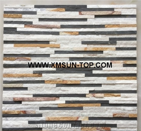 White&Black&Brown Quartztite Waterfall Cultured Stone/Mixed Color Thin Stone Veneer/Natural Stone for Wall Cladding/Stacked Stone Veneer/Stone Panel for Wall Covering/Wave Shape Culture Stone
