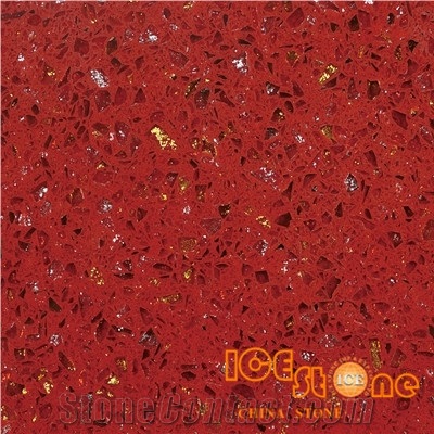 Crystal Shinning Red Cheap Quartz Stone Solid Surfaces Polished Slabs Tiles Engineered Stone Artificial Stone Slabs for Hotel Kitchen,Bathroom Backsplash Walling Panel Customized Edge