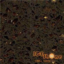 Shinning Golden Brown Granite Look Quartz Stone Solid Surfaces Polished Slabs Tiles Engineered Stone Artificial Stone Slabs for Hotel Kitchen,Bathroom Backsplash Walling Panel Customized Edge