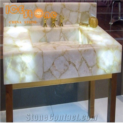 White Crystal Bathroom Sinks/Wash Basins/Semiprecious Stone Decoration/Wash Bowls/Semiprecious Stone Sink