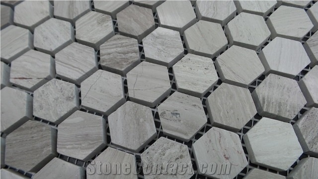 Wooden White Grey Serpegiante White Wood Marble Mosaic Tiles Hexagonal 1 Inch