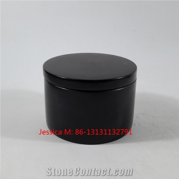 Cylinder Shape Black Marble Canister Stone Storage Jar with Lid
