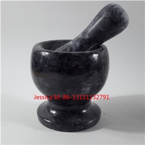 Dark Black Veins Polished Marble Mortar and Pestle