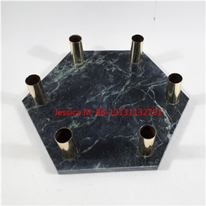 Hexagonal Shape Green Marble Stone Candlestick Holder with Golden Pipes