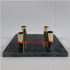 Square Green Marble Candlestick Holder with Golden Pipes