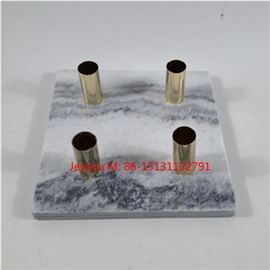 Square Grey Marble Candlestick Holder with Golden Pipes