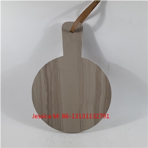 Wood Grains Brown Marble Serving Platter with Leather Strap and Rivet Stone Cheese Board with Handle