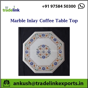 White Marble Semi Precious Stone Inlay Coffee Table Top