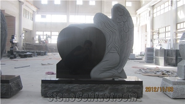 Shanxi Black Granite Western Style Tombstone Angel with Heart Monuments